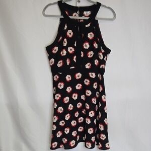 Elle Poppy Flower Pattern Sleeveless Halter Dress, Party Cocktail, Black, 12
